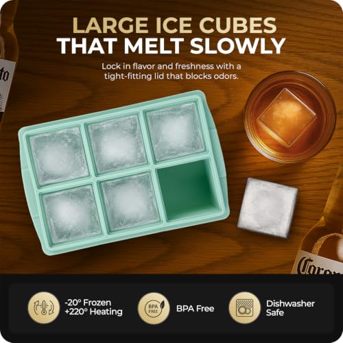 Image of Large Ice Cube Trays for Whiskey, Silicone Ice Cube Tray, with Reinforced Steel Ring Top, Makes 12 perfect 2-in ice cubes, Square Ice Tray for Cocktails, Whiskey, Coffee. (2 Pack)