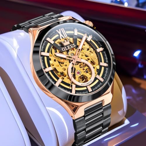 Image of OLEVS Men Watch Automatic Mechanical Skeleton Moon Phase Dress Business Stainless Steel 3AT Waterproof Luminous Men Wrist Watch