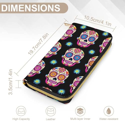 Women's Cute Decor Wallet, Long PU Zipper Wallet, Travel Purse Fashion Design, Huge Storage Capacity Purse Day Dead Colorful Sugar Skull2