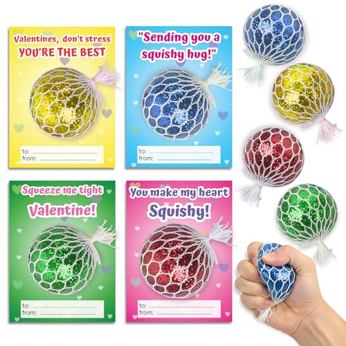 4E's Novelty 28 Pack Valentine Squeeze Balls with Valentines Day Cards & Bags - Squishy Ball Fidget...