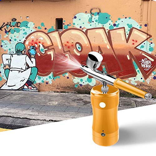 COSSCCI Handheld Airbrush Kit, Portable Mini Air Brush Spray Gun with Compressor Kit Single Action Air Brush Painting Kits for Cake Decorating Makeup Art Nail Model Painting Tattoo Manicure (Gold)