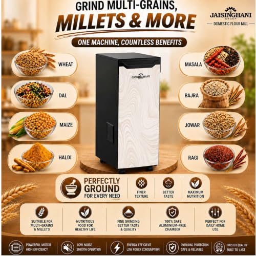 Image of JAISINGHANI GROUP Premium Flour Mill for Home | 8-12 Kg /Hr Output Capacity | 1HP BLDC Motor & HPDC Grinding Chamber | Moisture-Resistant Double Plywood Cabinet