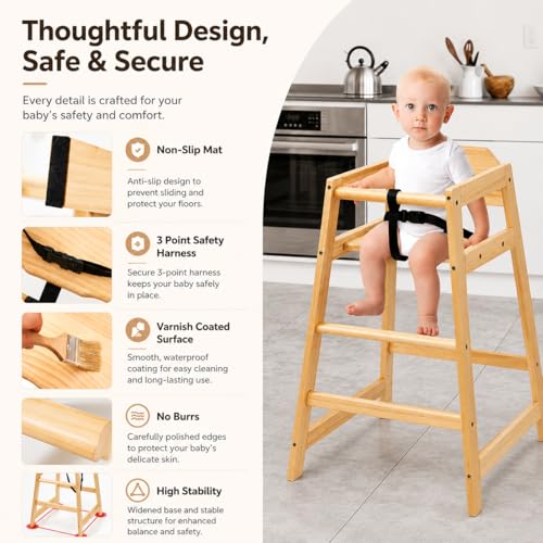 Image of 4 Pack Wooden High Chairs for Babies and Toddlers, Restaurant-Style Stackable High Chair with Commercial Grade Solid Wood for Dining Table & Kitchen, Easy to Clean Baby Booster Seat -Natural