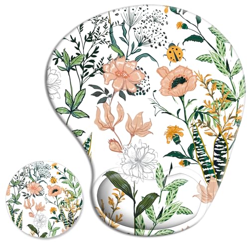 Ergonomic Mouse Pad with Wrist Rest Support Gel with Coaster, Cute Wrist Pad with Non-Slip Rubber Base, Easy Typing & Pain Relief, Floral