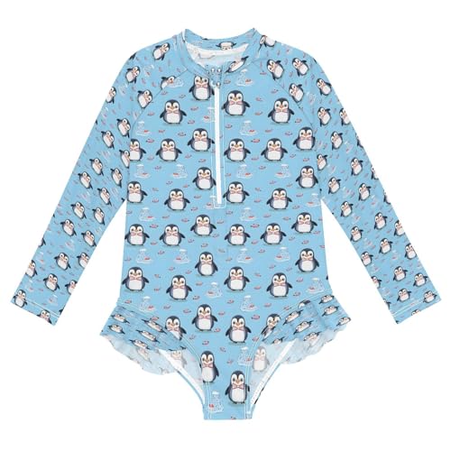 Cute Iceberg Penguin Girls Long Sleeve Swimsuits One Piece Zipper Bathing Suit UPF 50+ Rashguard Swimwear