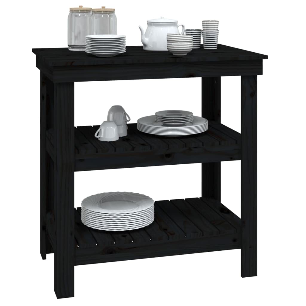 Banco de trabajo de madera maciza de pino 78,5 x 50 x 80 cm negro con estantes y espacio de almacenamiento, marco de madera robusta para estabilidad, práctica mesa de trabajo para el salón,