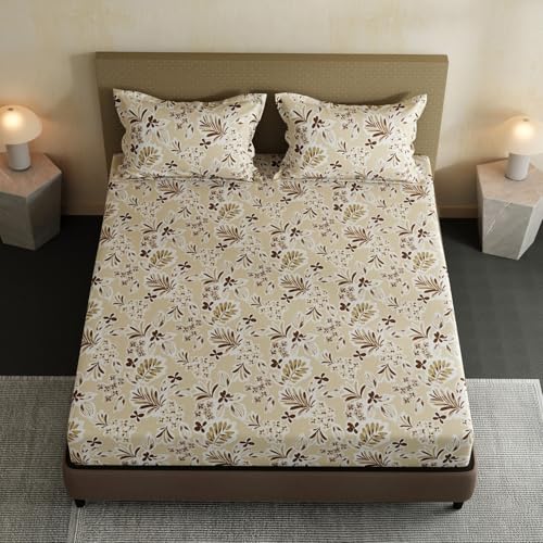 Image of Layers 100% Cotton Bedsheet for Double Size Bed | Lumina Floret Collection | 144 TC Soft & Breathable | Floral Print with 2 Pillow Covers | Wrinkle Free & Colorfast | 3 Piece Bedding Set - Beige