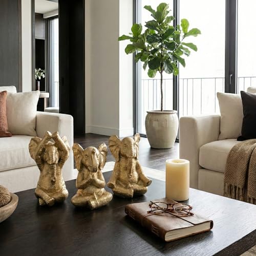 Juego de 3 Figuras Elefante de Resina en Pose de Meditación Dorado