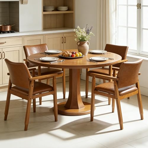 Image of NOBPEINT Mid-Century Modern Dining Chairs with Armrest Set of 4, PU Leather Upholstered Dining Room Chairs with Solid Wood Frame, Walnut Kitchen Armchairs for Kitchen Living Room Restaurant, Brown