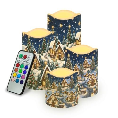 Image of Christmas Flameless Candles Set of 4 | Winter Village, Flameless Candles with Remote Control, Flickering LED Candles with Timer for cozy Christmas