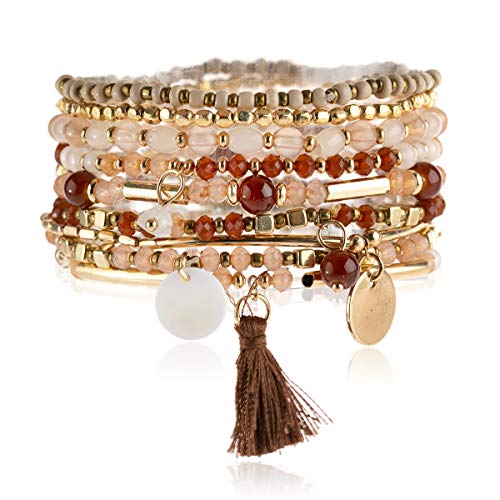 RIAH FASHION Bead Multi Layer Versatile Statement Bracelets - Stackable Beaded Strand Stretch Bangles Sparkly Crystal, Metallic Bar Tassel Charm (Delicate Bead Mix & Tassel - Red Brown)