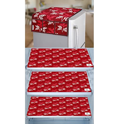 Image of Polyester 3-Layered Fridge Top Cover /Refrigerator Cover with Utility Pockets and Set of 3 Pc Fridge Mats (Color-Leaf Maroon, Size-39x21 Inch)