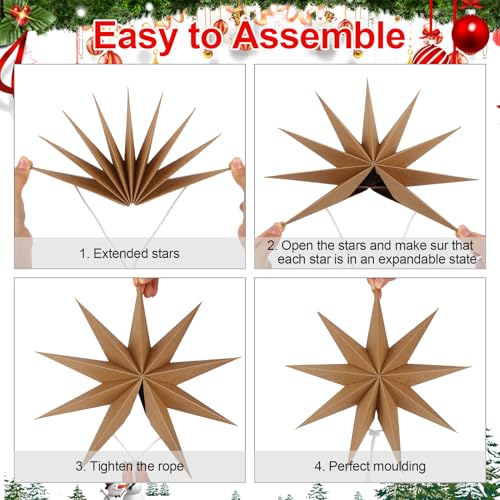 Image of 12 Inches 5 PCS Natural Paper Star Lanterns Christmas Party Decorations Hanging Stars Christmas Party Decorations Wedding Birthday Christmas Home Party Decorations(9 Pointed)