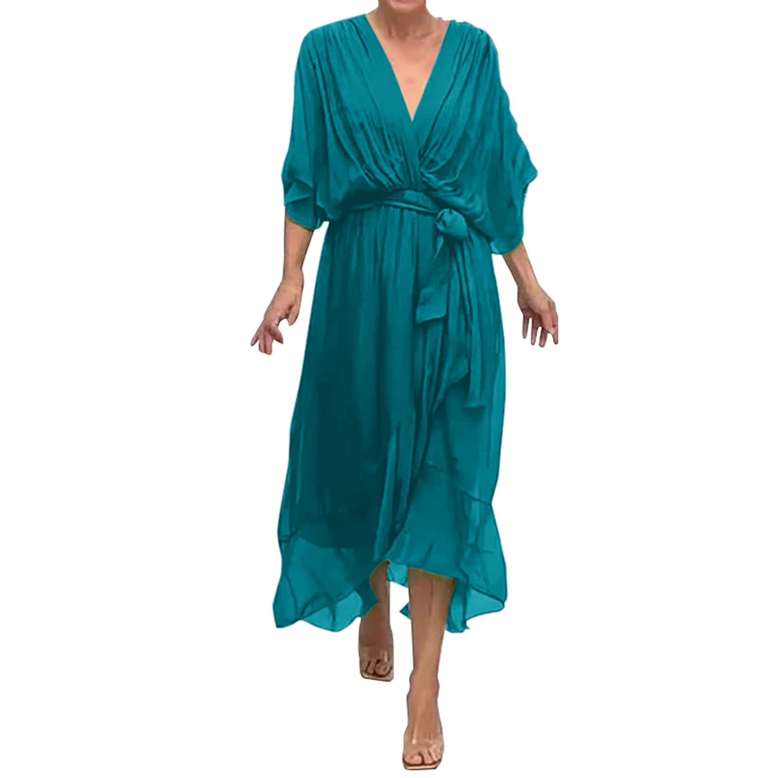 Vestidos midi mujer Reino Unido color sólido manga murciélago irregular degradado talla grande cuello V manga corta