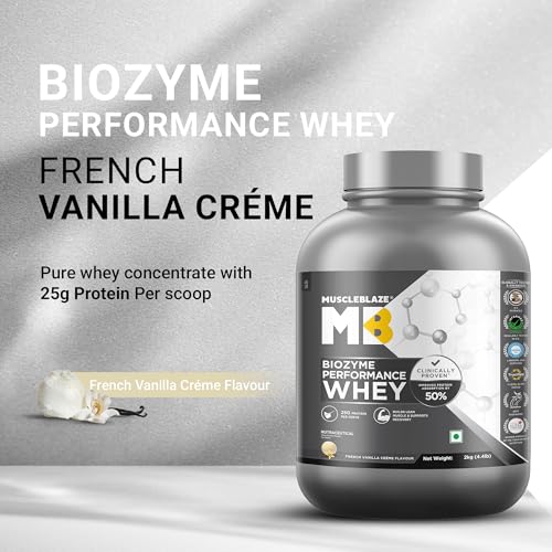 Image of MuscleBlaze Biozyme Performance Whey Protein Powder, French Vanilla Creme (2kg / 4.4lbs) | 25g Protein Per Scoop | Clinically Tested 50% Higher Protein Absorption