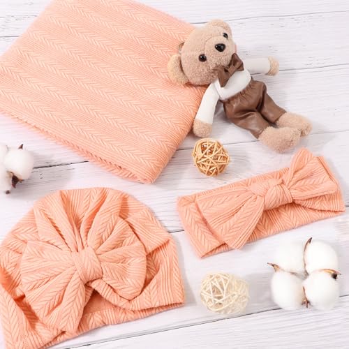 Image of DRESHOW BQUBO Newborn Receiving Blanket Toddler Warm for Girls with Bow Hat and Bow Headband Shower Gift