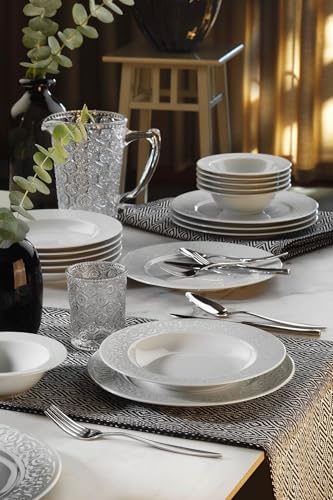 Elegante juego de cena de 18 piezas, 100% porcelana, incluye 6 platos de servicio (27 cm), 6 platos profundos (21 cm), 6 cuencos (16 cm), apto para lavavajillas y microondas