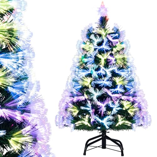 COSTWAY Árvore de Natal de fibra ótica 90 cm, árvore de Natal com luzes incorporadas, multicolor, estrela, 93 ramos de PVC, árvore de natal casa escritório