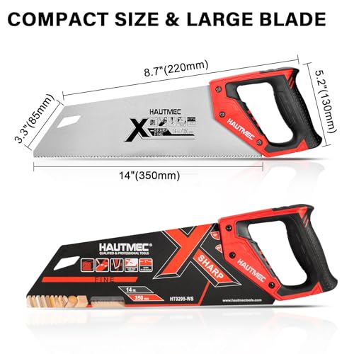 HAUTMEC 350MM X-Sharp Pro Hand Saw for Cuts Comfort, Quality and Accuracy, Fine-Cut Handsaw with 12 TPI Triple-Ground Teeth and 1mm Thickened Large Blade, Bi-Material Ergonomic Handle – HT0295 - Image 5