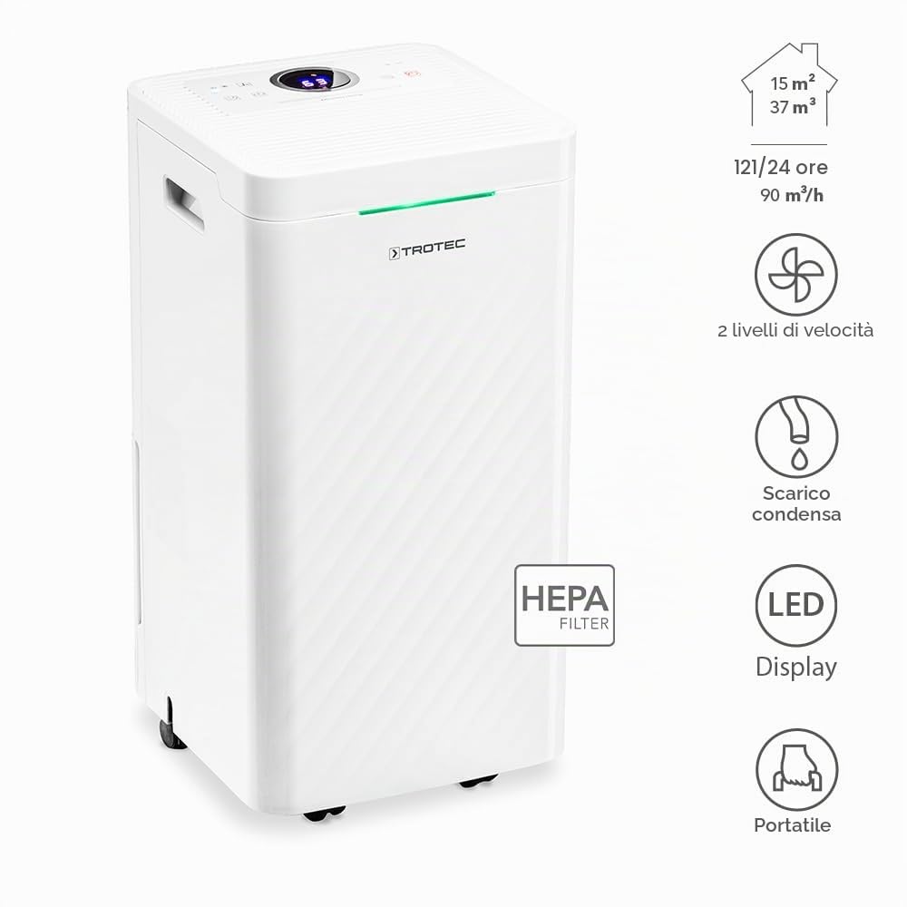 TROTEC TTK 27 HEPA Design deumidificatore e purificatore d'aria adatto per ambienti fino a 15 m²/37 m³, deumidificatore, protezione da troppopieno, serbatoio dell'acqua
