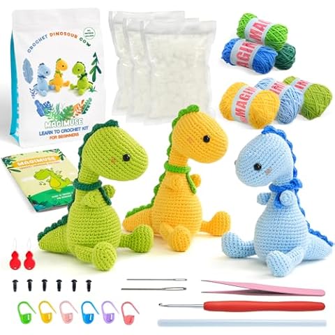 MAGIMUSE Crochet Kit for Beginners, Crochet Starter Kits for Adults and Kids Amigurumi Craft Knitting Crochet Animals Kits with Step-by-Step Video Tutorials, 3 pcs Christmas Dinosaur (40%+ Yarn) Cover