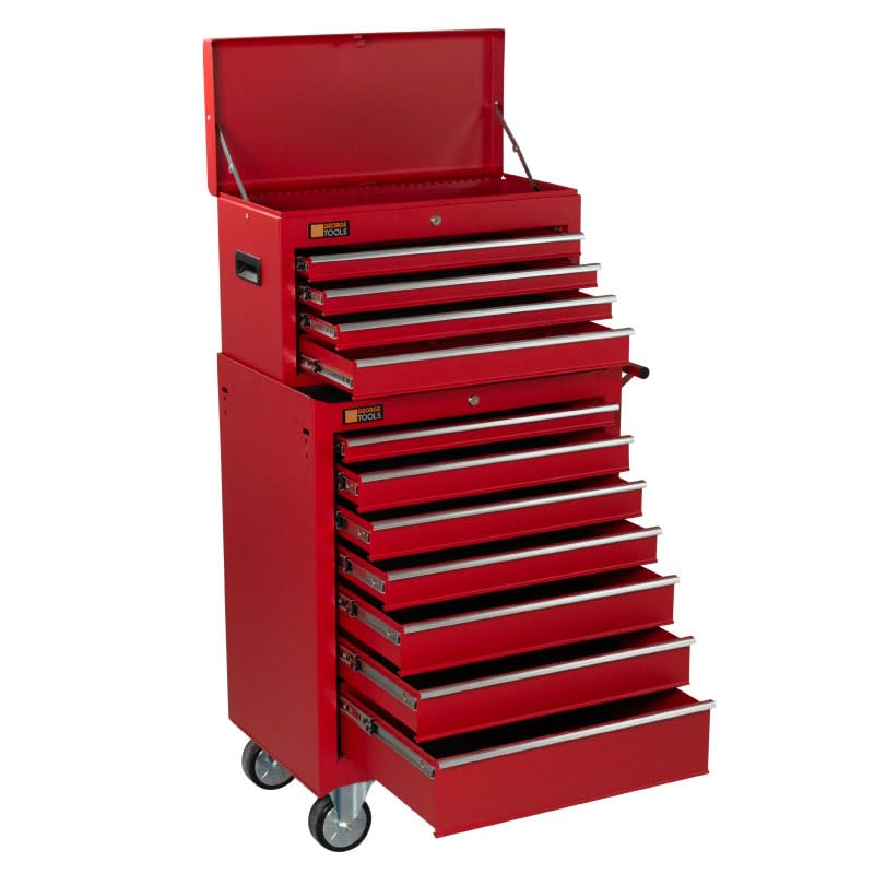 George Tools Werkstattwagen inkl. Koffer - Werkzeugkasten mit 11 Schubladen - Mobiler Werkzeug-Wagen ohne Werkzeug - Rollwagen zur Werkzeugaufbewahrung mit Schloss - Rot – Bild 3