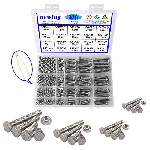 Image of newlng M3 M4 M5 M6 Bolts and Nuts Assortment Kit 320 PCS Metric 304 Stainless Steel Hex Head Cap Screws Bolts and Nuts Assortment Set Fasteners Bolts Kit with Combination Box for Home Fixation Repairs