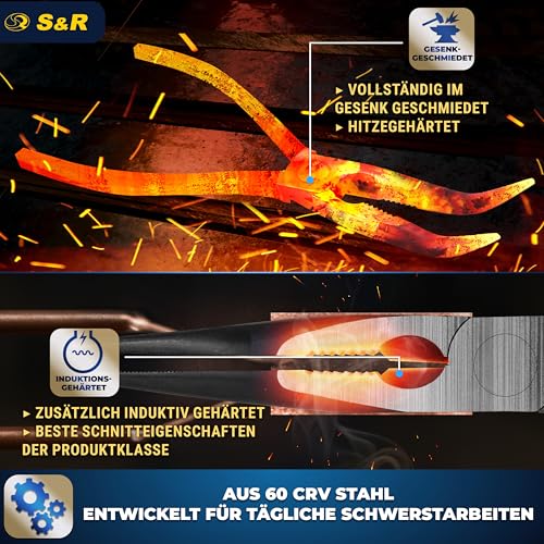 S&R VDE Flachrundzange gebogen 200 mm, mit Schneide, Spitzzange hitze- und induktionsgehärtet für professionellen Einsatz, Härte HRC 66, 2-Komponenten-Griffe mit Abrutschschutz, Storchschnabelzange