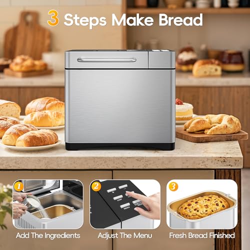 Image of Manastin 2LB & 1.5LB Bread Maker Machine, 19-in-1 Automatic with 3 Crust Colors, 3-Step Beginner-Friendly Operation, Keep Warm, Programmable Delay Timer for Homemade Bread, Dark silver