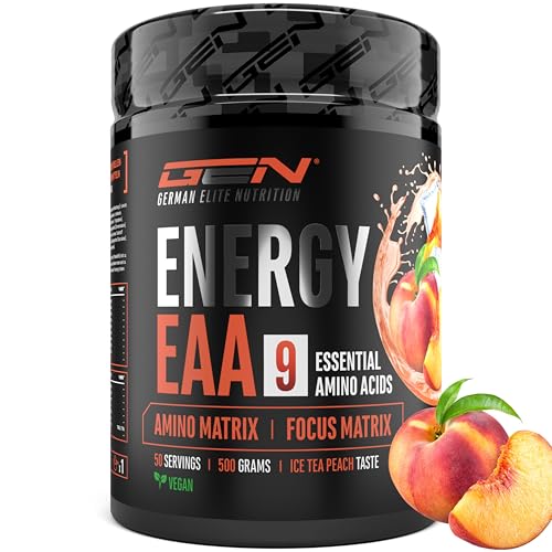 EAA Energy Mix - 500 g - Amino Matrix + Focus Matrix - Bebidas energéticas sin azúcar - Con cafeína, taurina, guaraná, N-acetil-L-tirosina - Potenciador pre-entrenamiento - (Té Helado Melocotón)