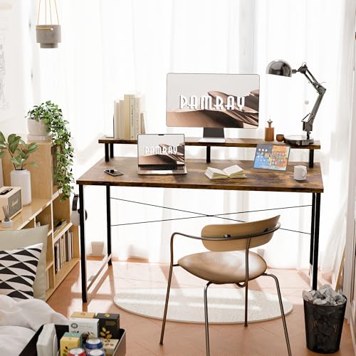 Image of Pamray 47 Inch Small Computer Desk with Monitor Stand, Simple Office Desk with Headphone Hook for Small Spaces, Kids Study Writing Table for Bedroom, Vintage