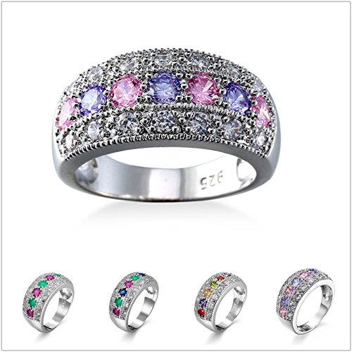 Female Small Pink Purple Rainbow Round Zircon Stone Engagement Ring for Women Stacking Ring(Red, Purple, Champagne,Olive Green,7)2