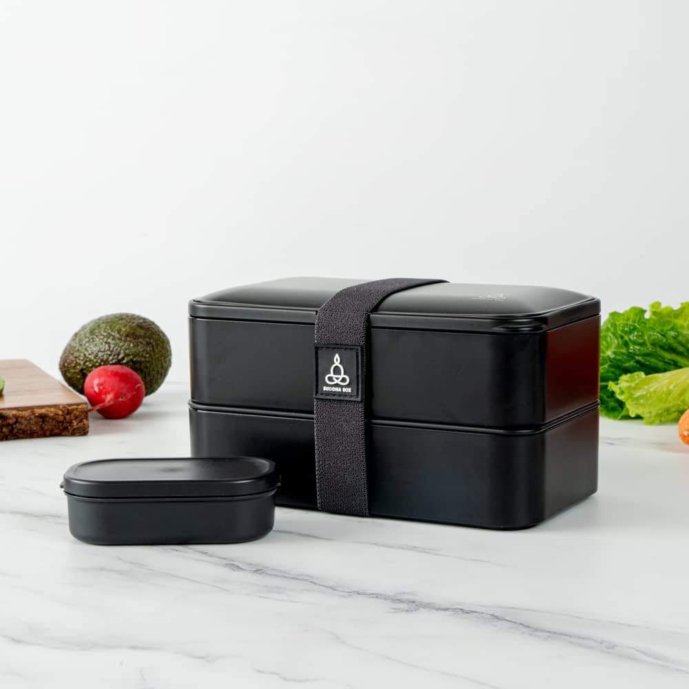 Restaurantware Bento Tek 40.5 Ounces Stackable Lunch Box 1 Reusable Adult Lunch Container - With Utensils Included Sauce Cup Black Plastic Layered Lunch Box Microwavable Dishwashable - Image 4