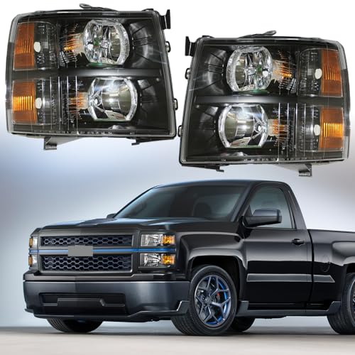 Automotive Headlights Fit for 2007-2013 Chevrolet/Chevy Silverado 1500/2500 HD / 3500 HDLH+RH Headlamp Replacement Chrome Housing with Amber Corners