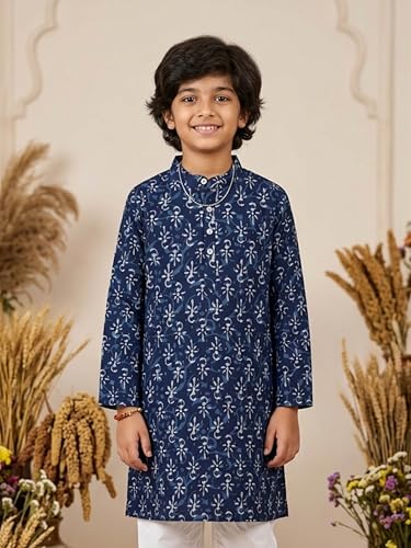 Image of KiddoPanti Boys 100% Cotton Ethnic Motif Printed Short Length Kurta