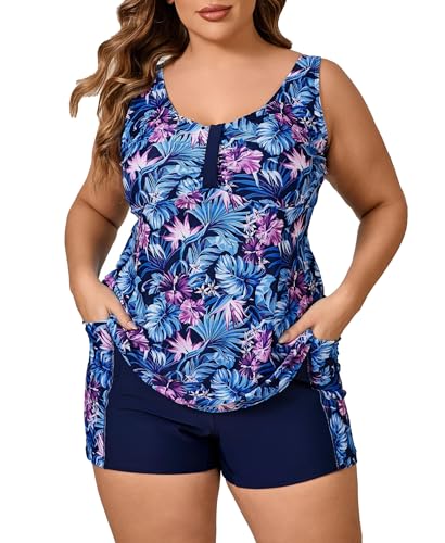 Halcurt Tankini Damen Set Große Größe Bademode mit BH Zweiteilig Badeanzug Tankini Oberteil mit Badeshorts 3X