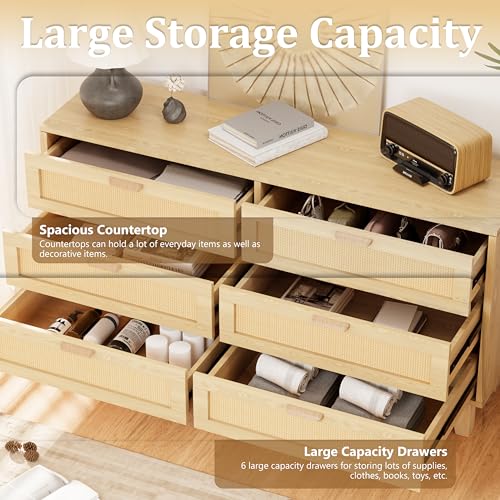 Rattan 6 Drawer Dresser for Bedroom, Boho Wooden Chests of Drawers, Modern Double with Spacious Storage for Closet, Living Room and Entryway, Natural - Image 8