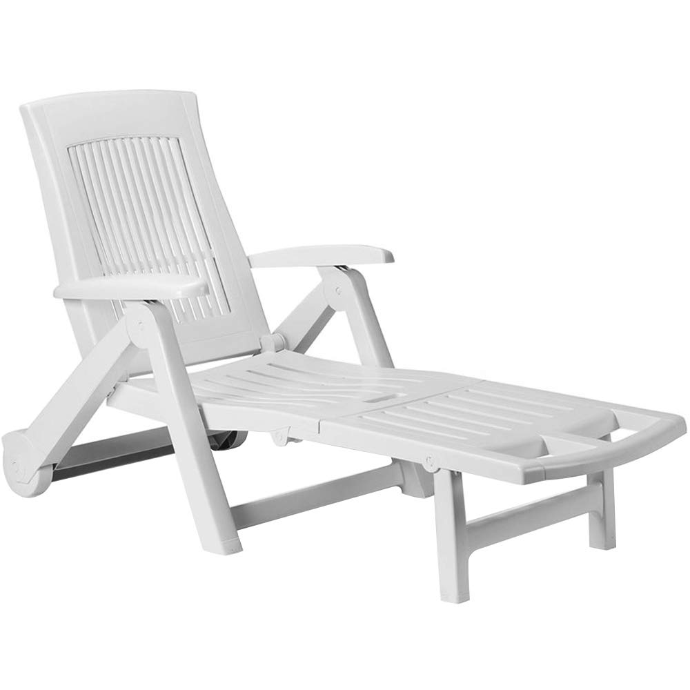 CASARIA Tumbona de Jardín Exterior Plegable 195x72x101cm Respaldo Reclinable Carga 120Kg Ruedas Blanco
