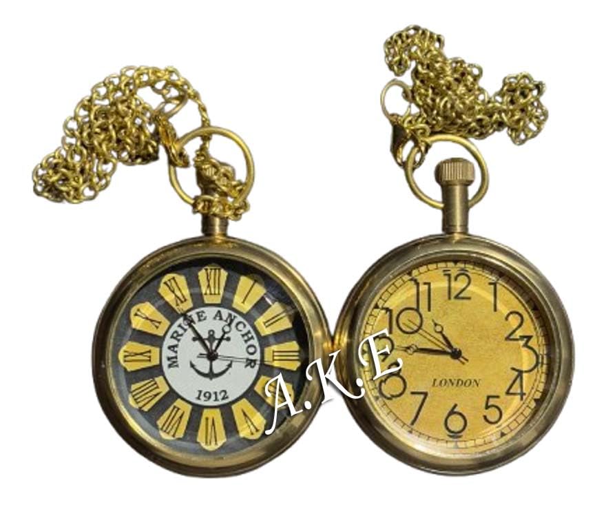 Antique Gold Brass Dial - Antique Pocket Watch Look Indian Gift Item Handmade Marine Pack of 2-image-9