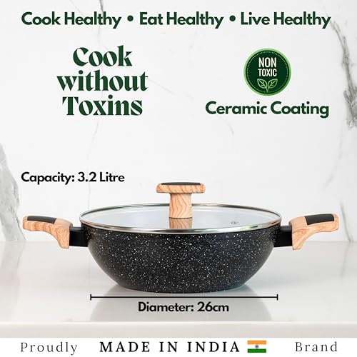 Image of Kreme Ceracook Ceramic Coated Granite Kadai 3.2L /26cm with Glass Lid, Deep Frying Kadhai, ISI Certified, Forged Aluminium, Gas & Induction Use, Non Toxic PFAS & PTFE Free, 1 Yr Warranty, Black