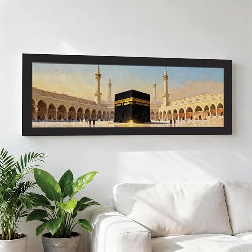 Image of PAINTINGMANTRA Makka Madina Kaaba Islamic Arabic Wall Art Framed Luxury Paintings for Home Decoration, Living room, Bedroom and Office Decoration (99x38 CM)