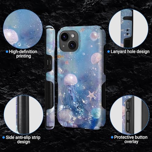 Coque rigide iPhone 15 méduse bleu protégeant des chutes avec silicone MagSafe