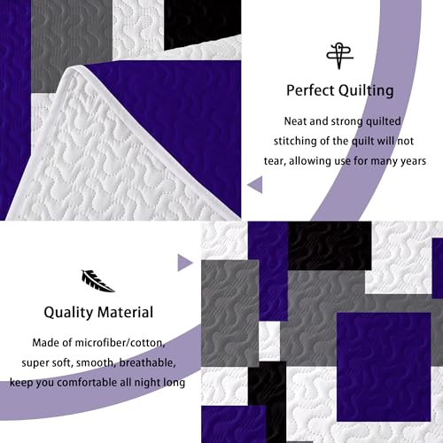 Image of Tyrot 3 Piece Purple Black Quilt Full /Queen Size White Grey Bedding Set