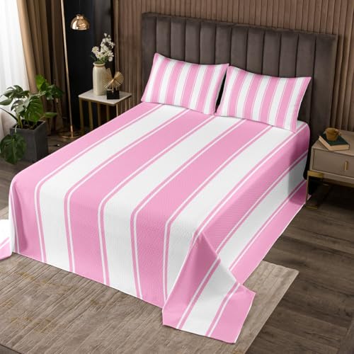 Pink Stripe Bedspread Queen Size, Stripes Lines Patchwork Coverlet Set 3pcs, Abstract Geometric White and Pink Quilted Coverlet with 2 Pillowcases, Kids Boys Girls Room Decor, Soft Bedding Quilt