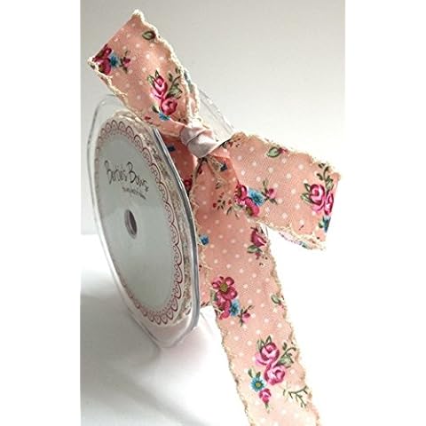 Bertie's Bows Vintage Pink Floral Polka Dot Print Ribbon Ivory Lace Edge 25mm by The metre (NB This is Cut on The roll) Cover