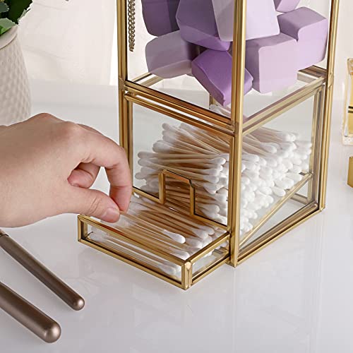 Hipiwe Gold Glass Qtip Holder With Lid 2 Compartments Cotton Balls Swab Organizer Cotton Round Pads Holder Makeup Pad Cosmetic Storage Case Q-Tip Dispenser For Dresser Countertop #TOP5