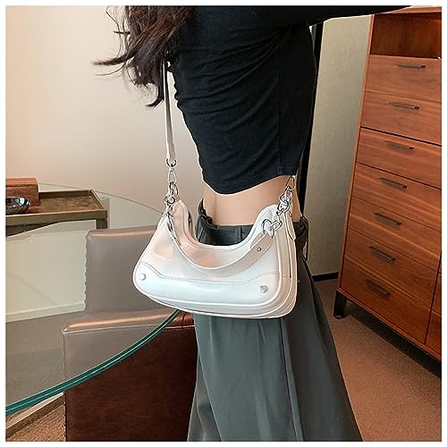 BSLONG Luxury Silver Shoulder Bag with Dumpling Shaped Bright PU Under Arm Purse, Women Small Chain Crossbody Clutch Bag (White)2