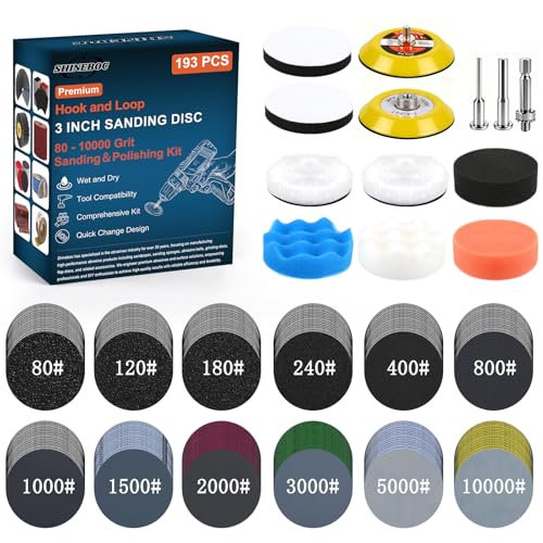 193Pcs 3 Inch Polishing Kit Hook and Loop Sanding Discs Headlight Restoration Kit - 80 to 10000 Grits Wet Dry Sandpaper Buffing Sanding Pads with 1/4 1/8 Shank for Metal Wood Auto Glass