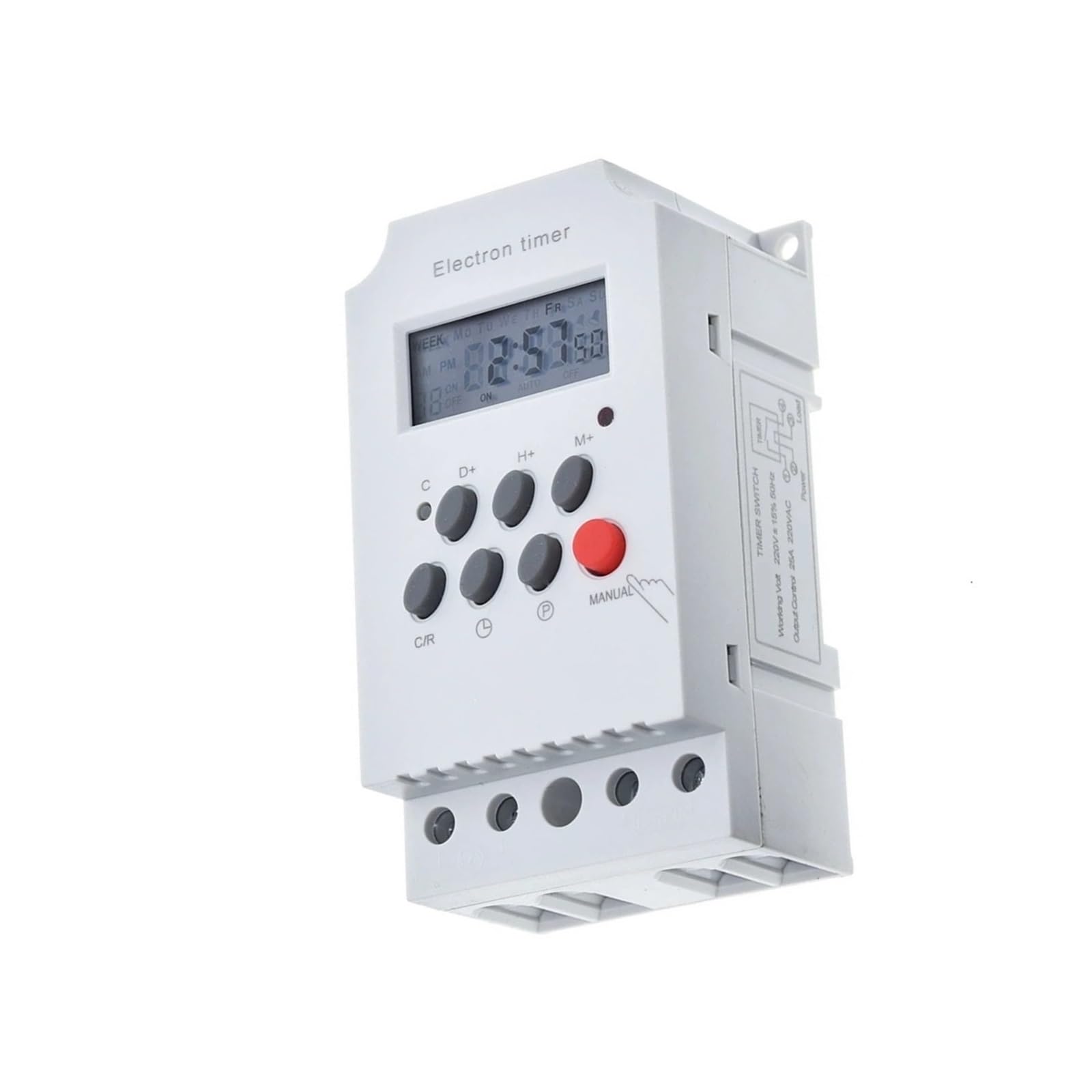 Timer elettronico AC220V 25A, Interruttore Timer elettronico programmabile Digitale su Guida DIN, Controllo apparecchiature elettriche On/off
