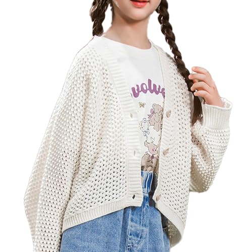 Riclena Girls Cardigan Sweater V-Neck Net Solid Color Front Button Mesh Knit Wide Cardigan